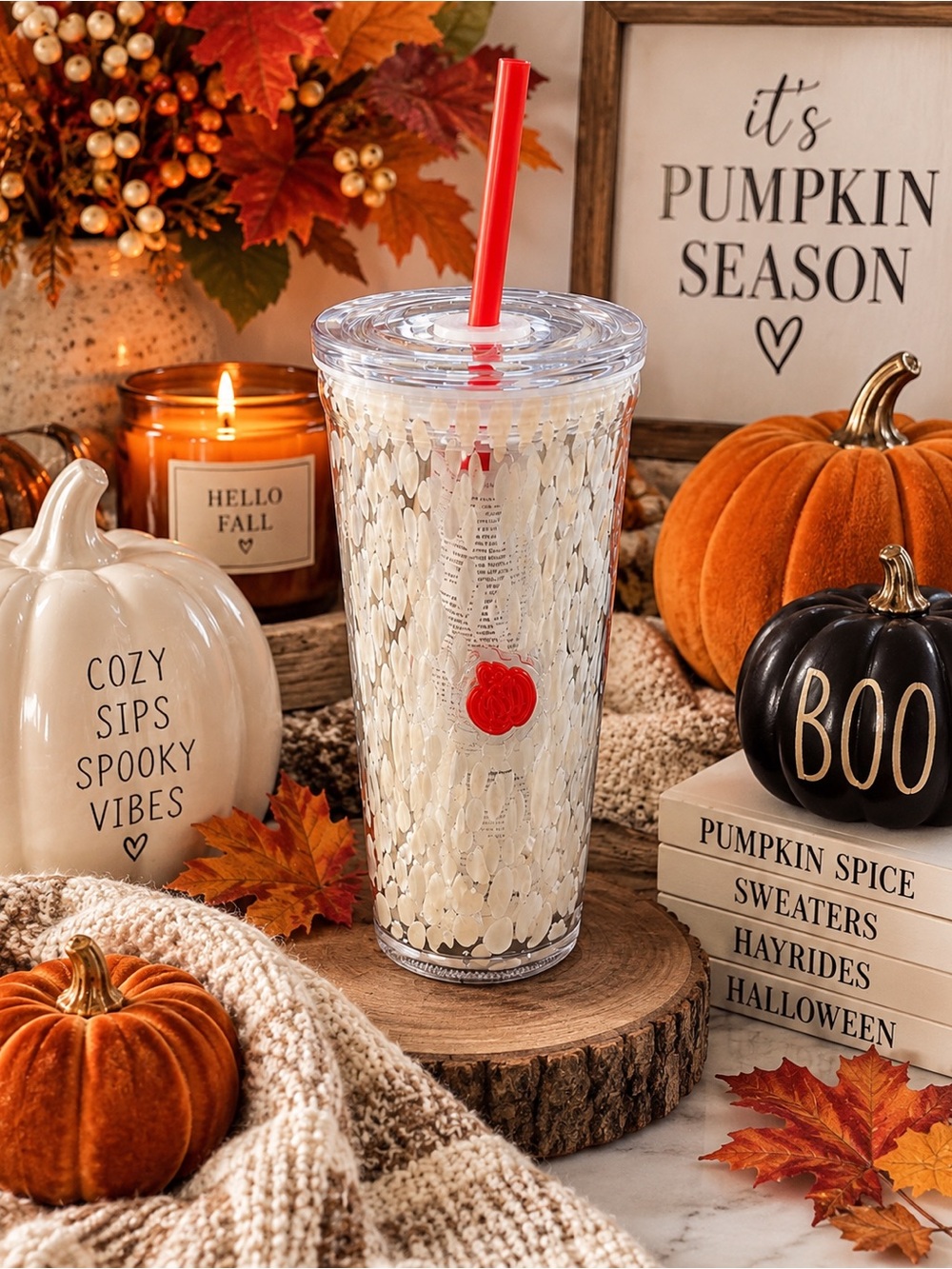 Starbucks Fall Pumpkin Glass Textured Tumbler 🎃 with orange Straw and decal